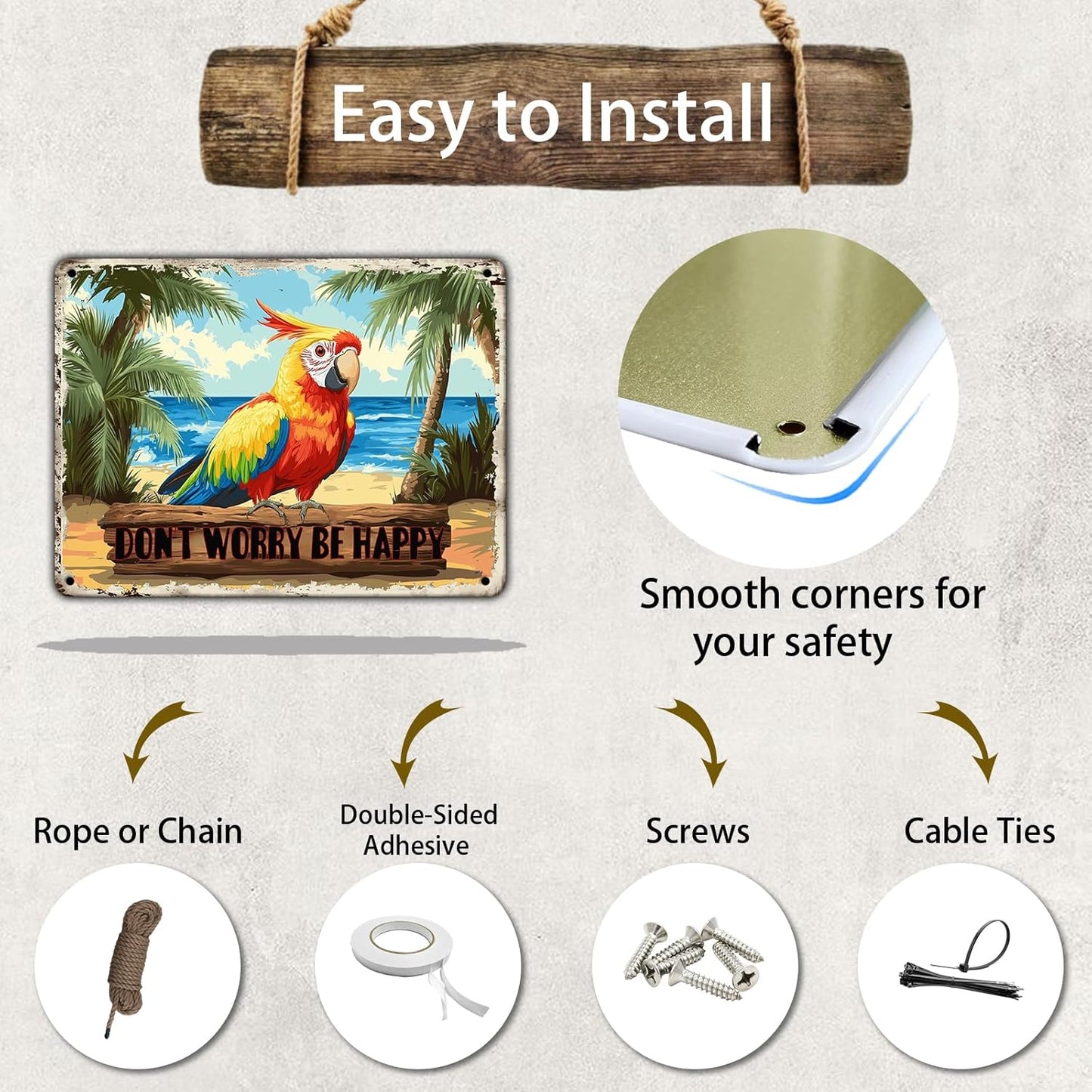 Creative Vintage Tin Metal Sign Don'T Worry Be Happy The Beach Parrot Iron Sign For Friend Porch Backyard Bar Outdoor Patio 12x16 Inch