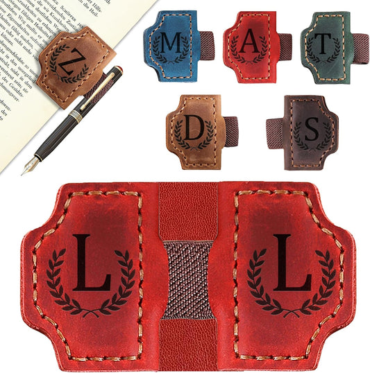 Bygone Mark Bookmark with Pen Holder, 26 Letters Name Initial Personalized Magnetic Bookmarks, Leather Book Mark for Men Women, Travelers Accessories, Teachers Readers Book Lovers Gifts (Red, L)