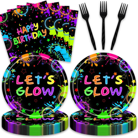 Neon Party Decorations 48Pcs Black Not Glow Birthday Plates and Napkins Sets Glow Party Supplies for Birthday Baby Shower Decorations Serve 16