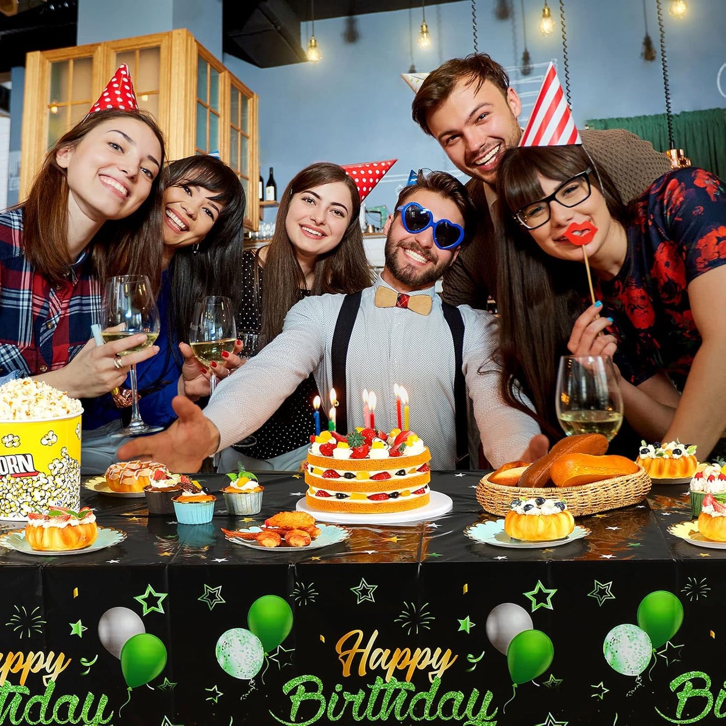 Breling 3 Pack Birthday Party Supplies Confetti Sprinkles Happy Birthday Tablecloths Starry Table Covers for Kids Adults Party Decorations, 54 x 108 Inches (Green and Black)