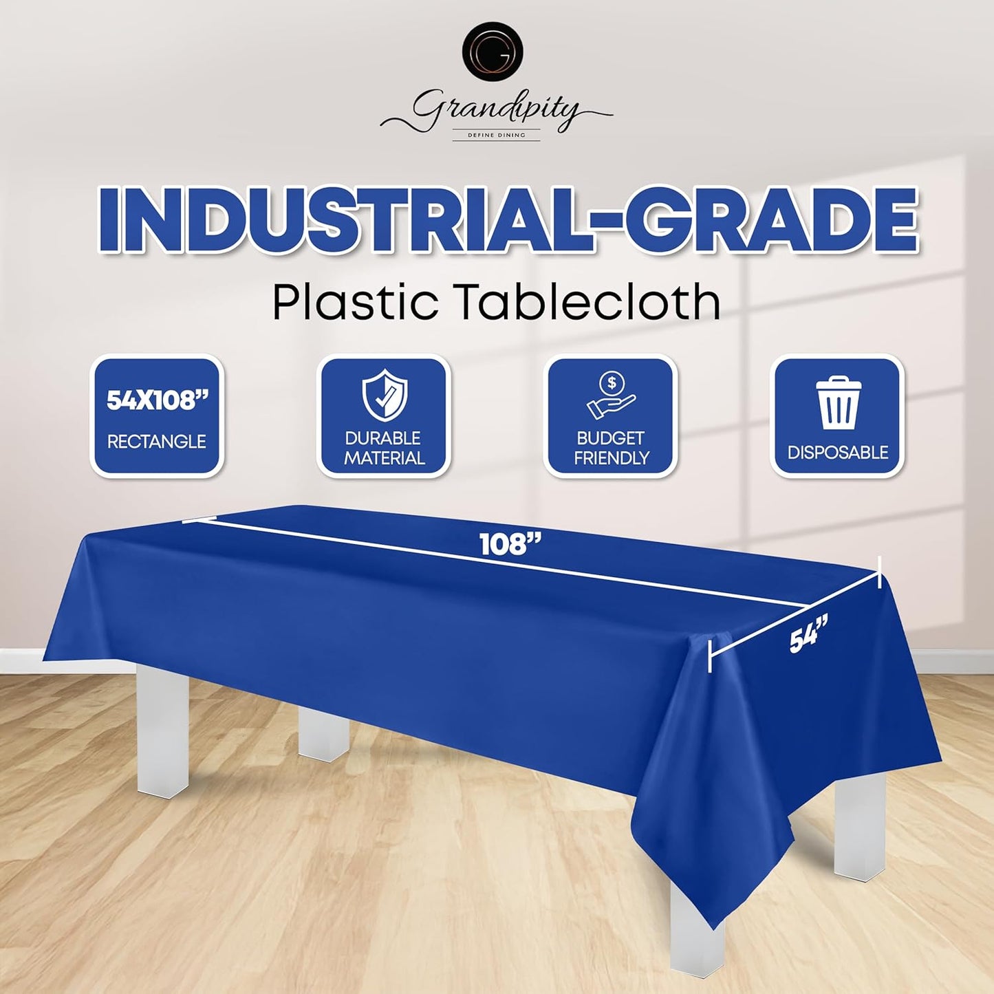 Grandipity 12 Pack Premium Disposable Plastic Tablecloth 54 Inch. x 108 Inch. Decorative Rectangle Table Cover - Blue