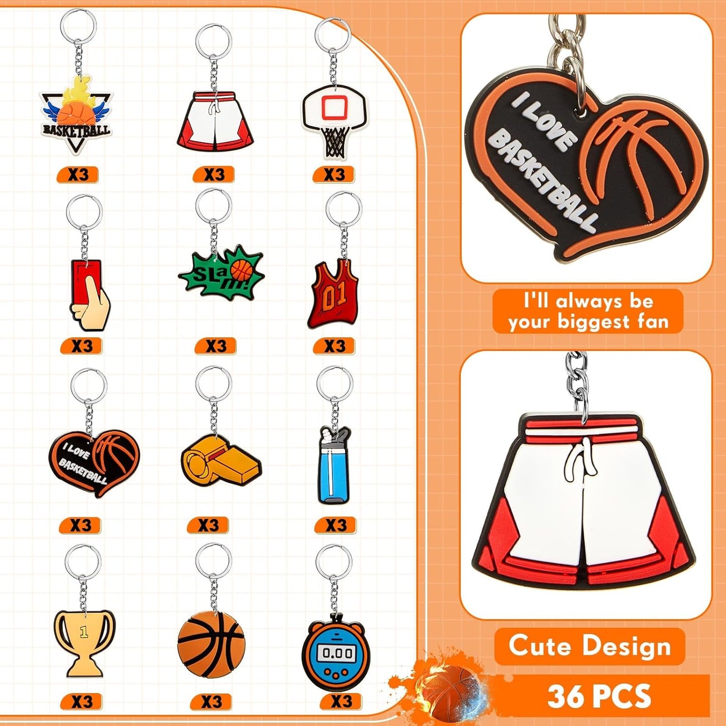 Batiyeer 36 Pack Basketball Keychains Bulk Party Favors Sports Ball Key Chains Funny Keyring Gifts for Birthday Supplies