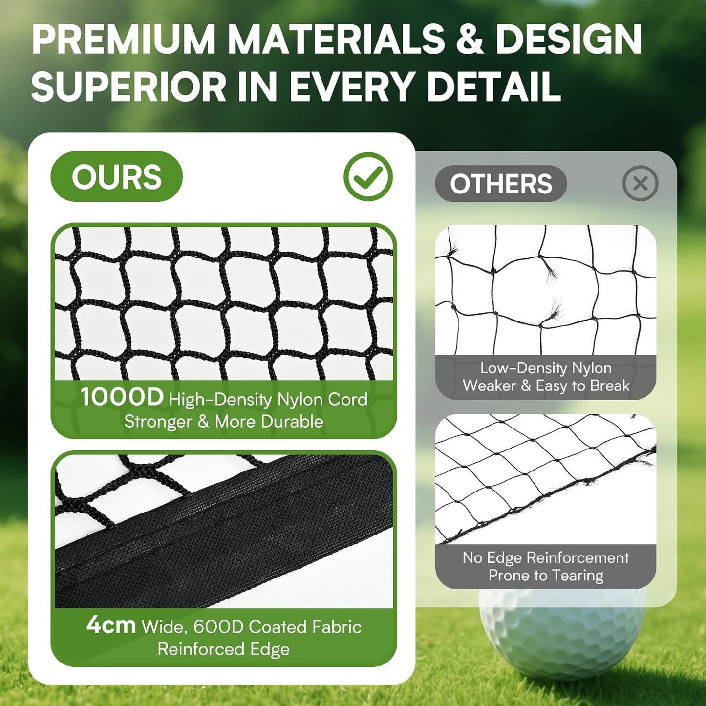 Golf Net,Golf Practice Net with 33 ft Steel Wire Rope and Hanging Kit, Heavy Duty Golf Hitting Net, Also as Hockey Net and Chipping Net - 7ft,10ft, 15ft, 25ft, 30ft, 40ft