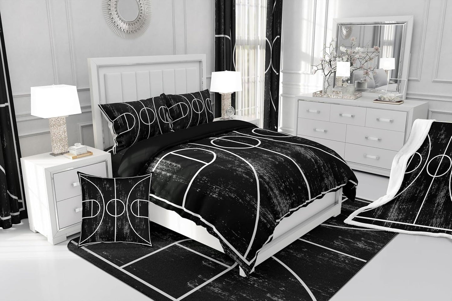 Feelyou Basketball Polyester Bath Rug Black White Soft Fleece Door Carpet for Kids Boys Girls Basketball Court Print Non Slip Bath Mat Ball Game Bathroom Floor Indoor Doormat,16x24 Inch