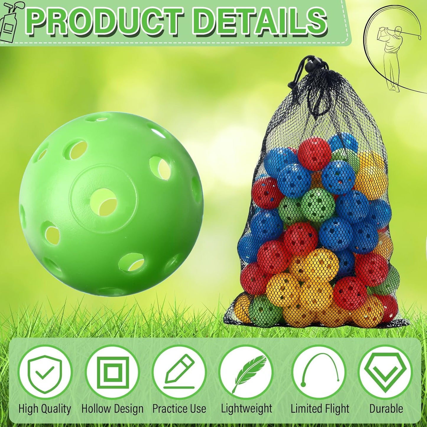 80 Pack Practice Golf Balls Limited Flight 42 mm Golf Training Airflow Hollow Plastic Ball for Women Men Indoor Outdoor Driving Range Swing Practice Home