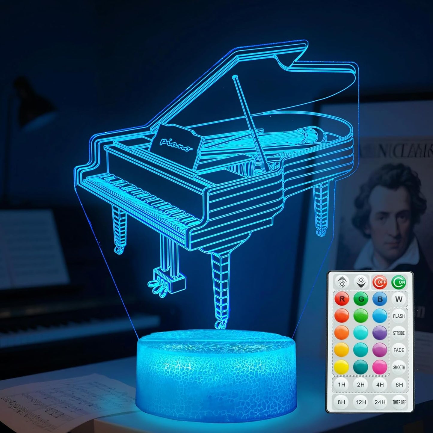 Piano Night Light, Instrument Gifts, Piano 3D Illusion Lamp with 16 Colors Changing, Timer, 4 Flash Modes and Dimmable, Kids Boys Girls Room Decoration, Holiday Xmas Music Gifts