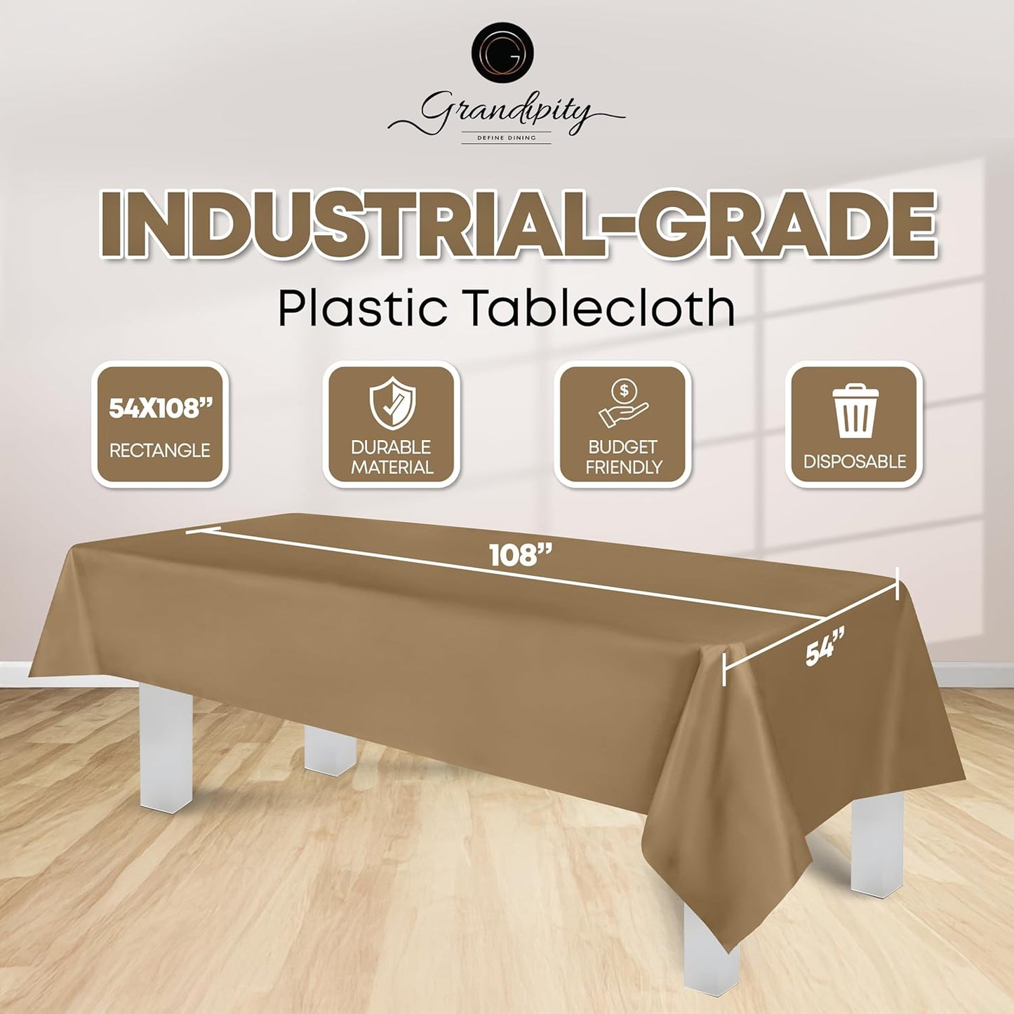 Grandipity 12 Pack Premium Disposable Plastic Tablecloth 54 Inch. x 108 Inch. Decorative Rectangle Table Cover - Gold
