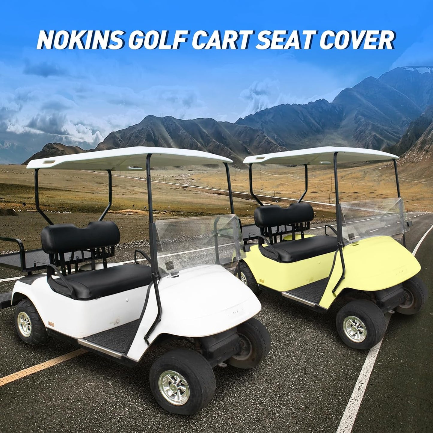 NOKINS Leather Front Golf Cart Seat Covers Fit EZGO TXT 1994-2013/EZGO RXV OEM Ordinary Front Seat Cushion,Smooth and Simple Style,No Stapler,Golf Cart Vinyl Waterproof Replacement Seat Cover, Black