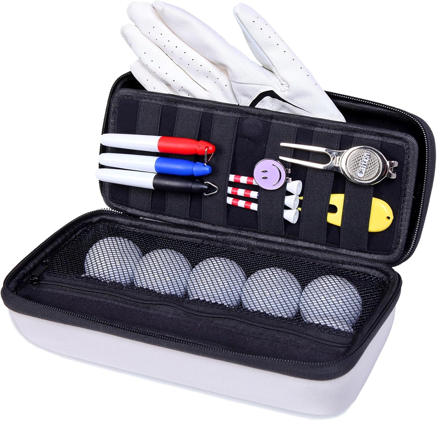 SENIKO Golf Glove Holder with Removable Golf Glove Shaper Water-Resistant Protective Hard Shell golf bag holder for Phone,Tees, Ball Markers,Repair Tools,Golf Accessories Golf Gifts for Men (Grey)