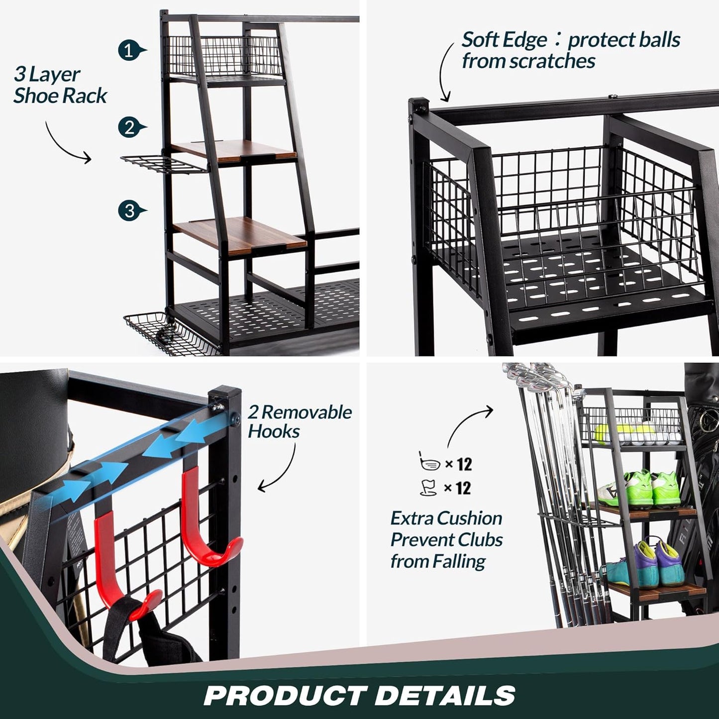 Golf Bags Storage Garage Organizer, Golf Bag Rack Fits 2/3 Golf Bags and Golf Equipment Accessories, Golf Club Storage Stand with Wooden Shelf and Lockable Wheels for Garage Indoor Basement