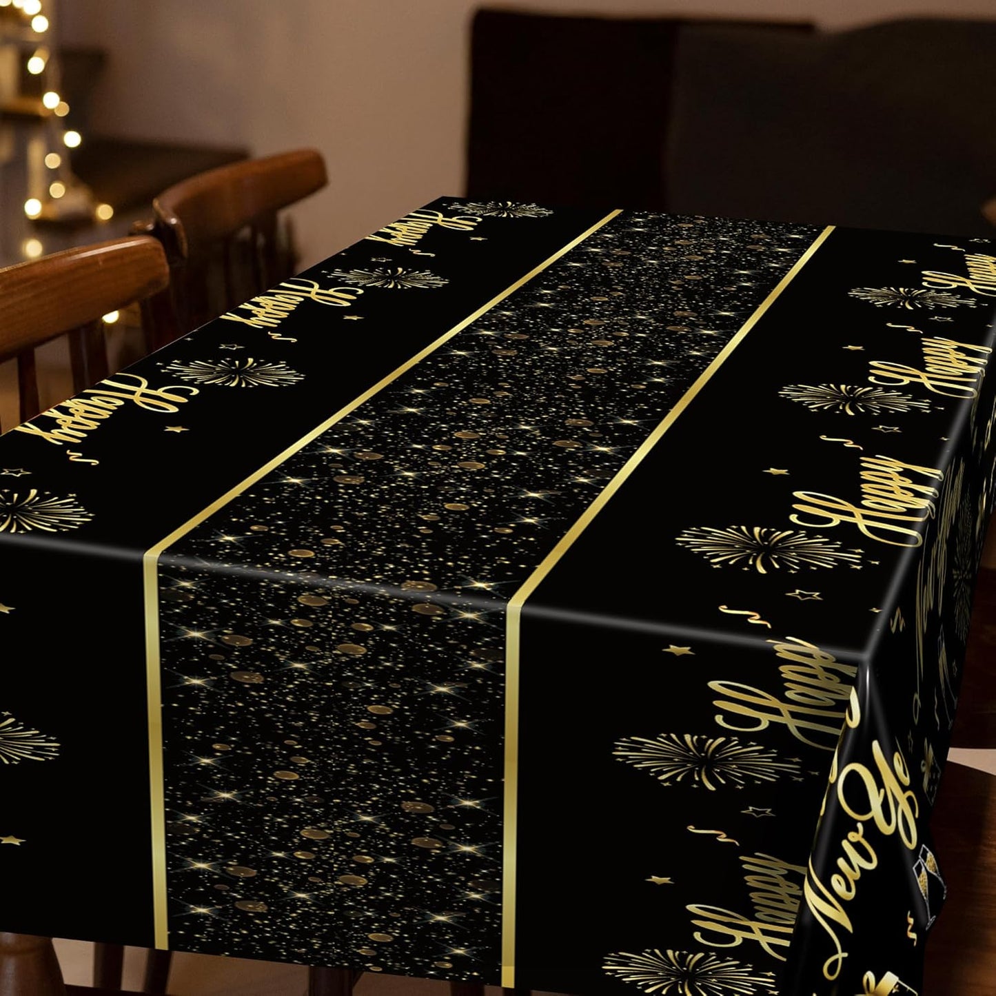 6 Pcs Happy New Year Tablecloth, 108" x 54" Rectangle Table Covers for New Years Eve Party Supplies, Black and Gold Firework Nye Tablecover 2026, Holiday Table Cover for NYE Party Supplies 2026 Decor