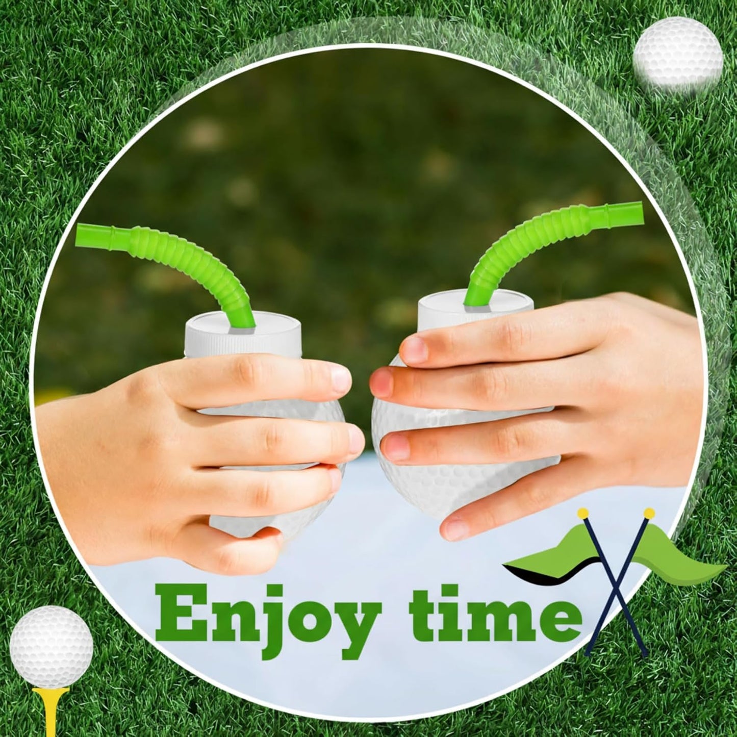 Sawysine 12 Set Golf Ball Cups with Straws and Lids - 10 oz Reusable Golf Plastic Cups Bulk for Kids Birthday Theme Party Supplies