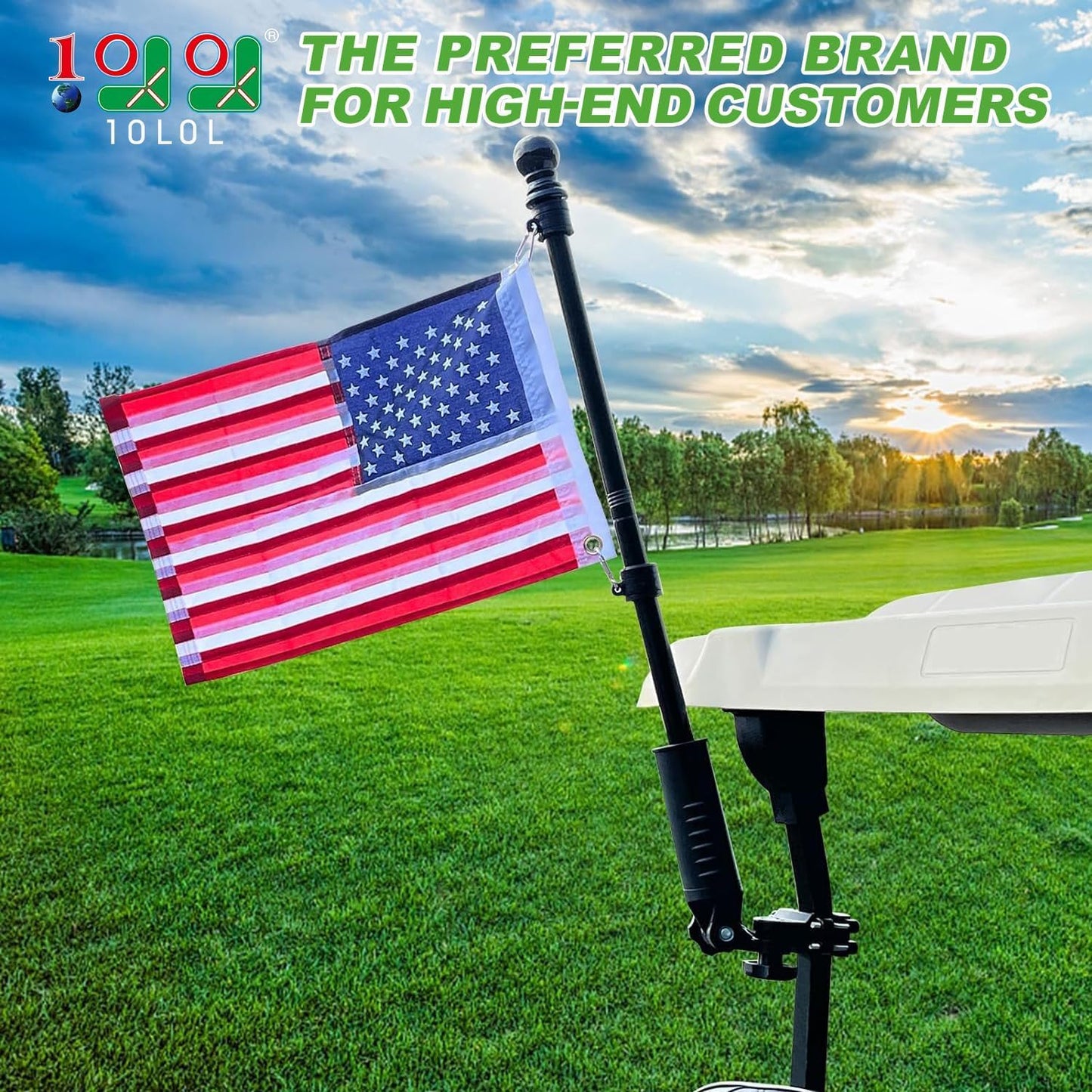 10L0L Golf Cart Flag Holder, Flag Pole Kit for Yamaha Club Car DS/Precedent and EZGO TXT/RXV Golf Cart, Embroidered USA Flag (12"×18") Included