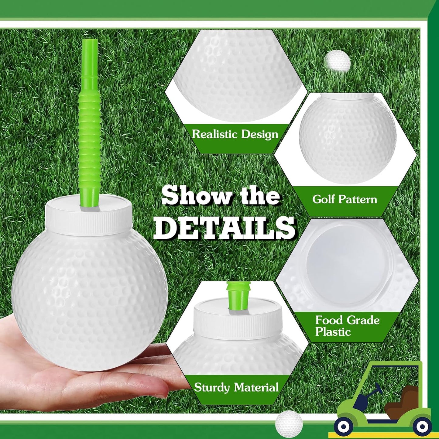 Sawysine 12 Set Golf Ball Cups with Straws and Lids - 10 oz Reusable Golf Plastic Cups Bulk for Kids Birthday Theme Party Supplies