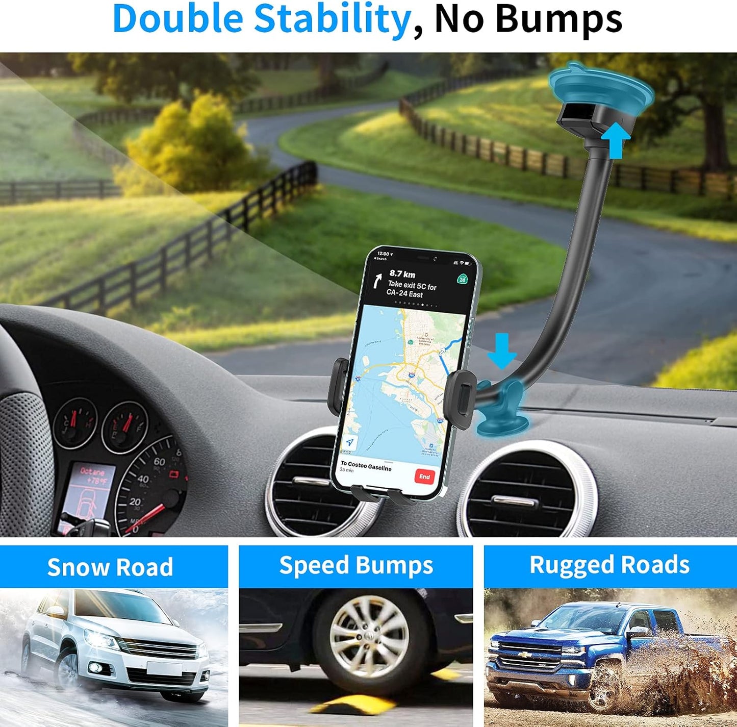 APPS2Car 14'' Gooseneck Car Phone Holder,Heavy Duty Phone Holder for Truck, [Flexibile Long Arm] [Anti shake stabilizer]Windshield Car Phone Mount Suction Cup,Fit For iPhone, Samsung &Other Cellphone