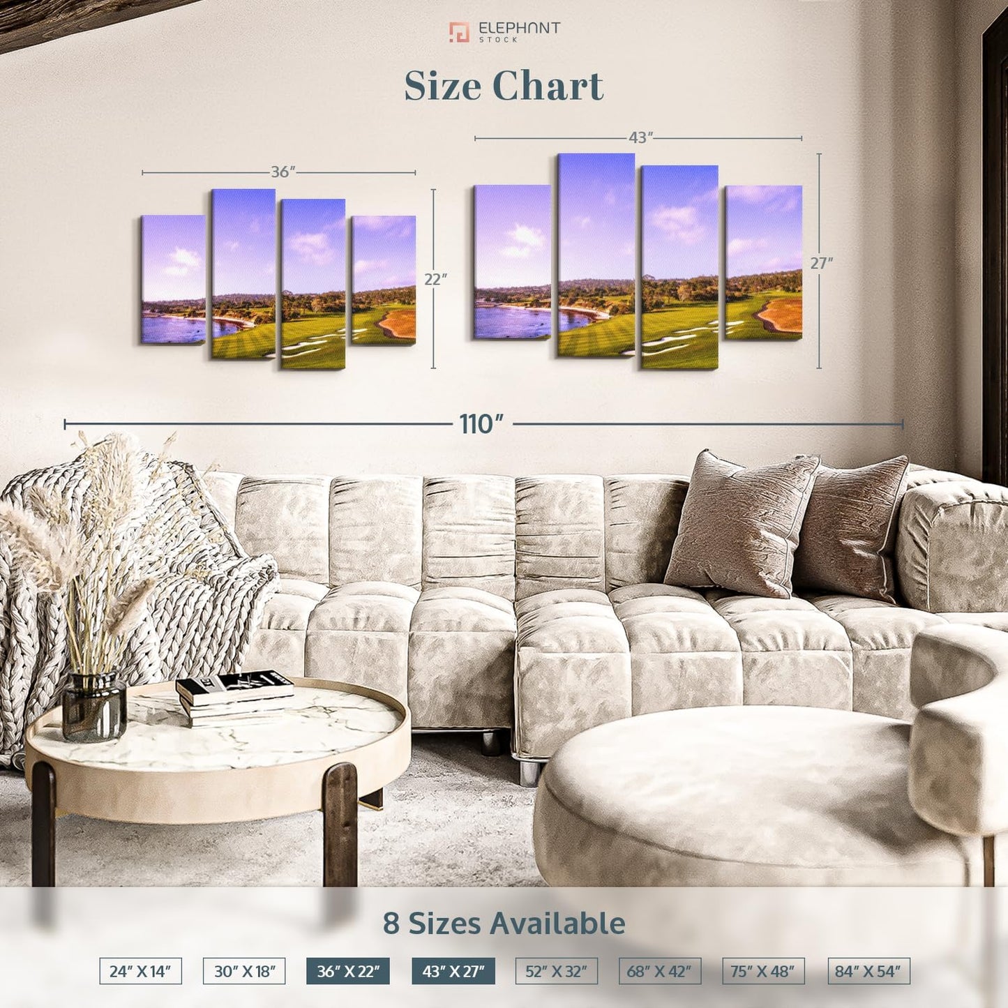Elephant Stock Coastline Green Golf Course Wall Art - Horizontal Canvas - 4-Piece Living Room Wall Decor - Photography Sports Canvas Print - Blue and Gray Decor for Wall - 36" X 22"