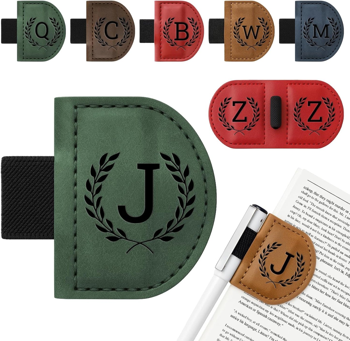 Personalized Bygone Mark Bookmark with Pen Holder,Engraving Leather Magnetic Bookmarks Vintage 26 Letters Name Initials Text Book Marker Clips Gifts for Reading Book Lovers Women (Green, J)