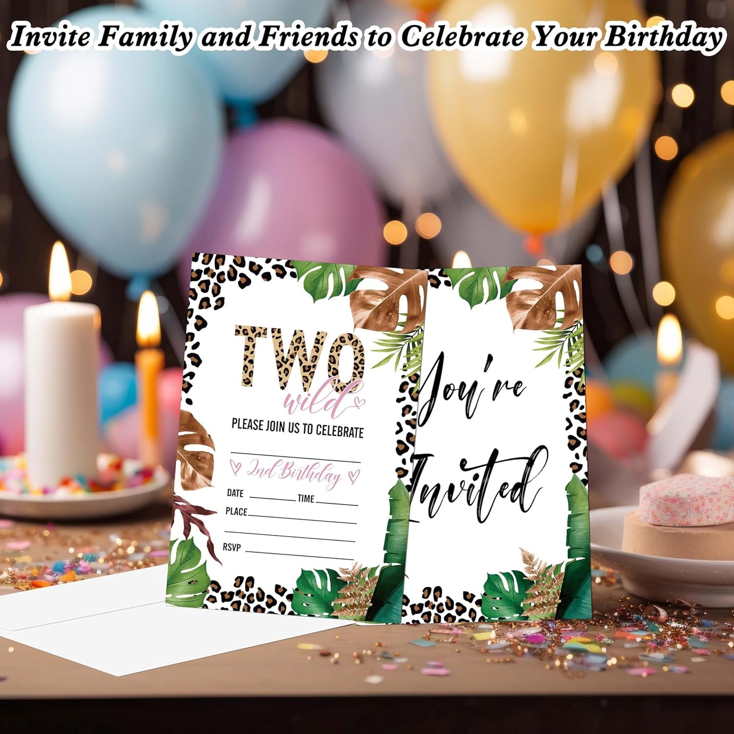 Safari Jungle Birthday Invitations, 20 Invitation Cards with Envelopes, Wild Two Invites for Party Decorations Favor Supplies - A14