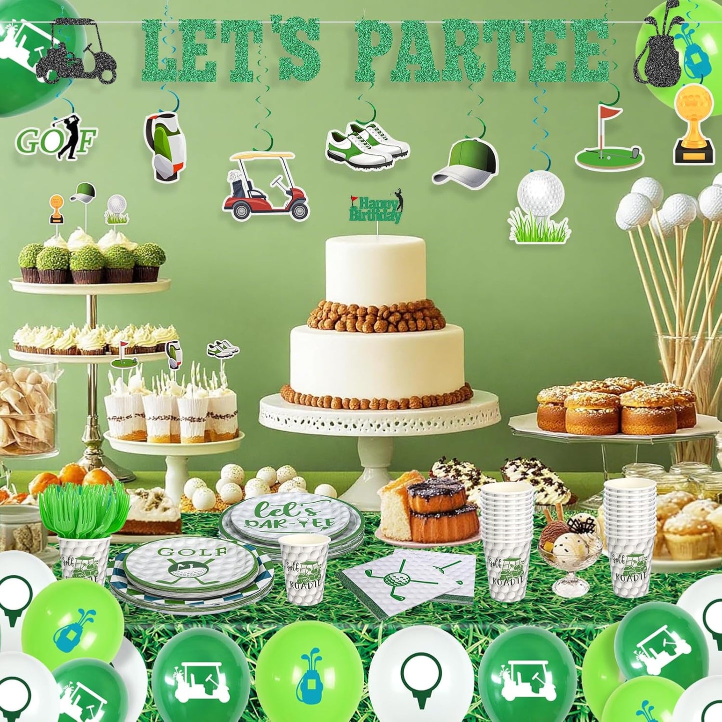 Golf Birthday Party Decorations,158pcs Golf Themed Party Decorations Include Tablecloth,Plate and Napkin,Cup,Fork,Banner,Balloon,Cake Topper,Hanging Swirls, Golf Party Supplies Serve 24