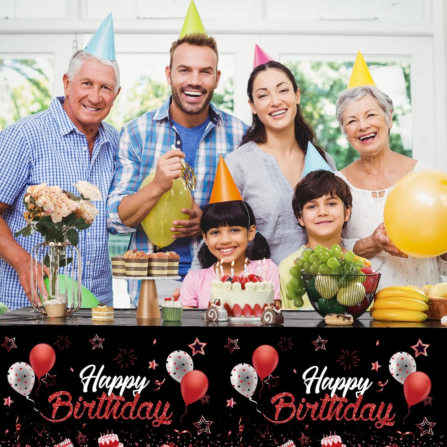Breling 3 Pack Birthday Party Supplies Confetti Sprinkles Happy Birthday Tablecloths Starry Table Covers for Kids Adults Party Decorations, 54 x 108 Inches (Red and Black)