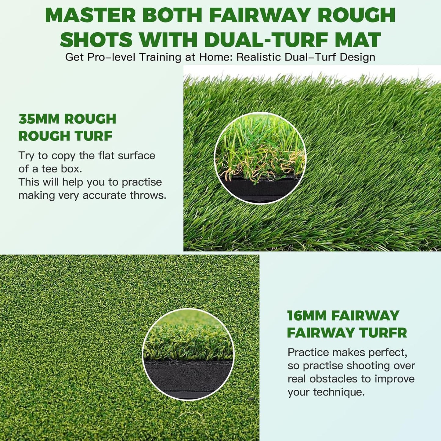 Premium Dual-Turf Golf Hitting Mat with 10mm EVA Foam & Rubber Backing, Non-Slip Anti-Deformation Heavy-Duty Design for Realistic Indoor/Outdoor Swing and Chipping Practice, Ideal Gift for Golfers