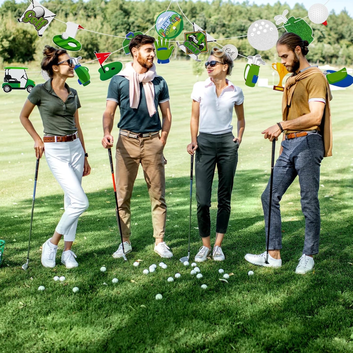 Colarr 5 Pcs Golf Themed Birthday Banner Let's Par-tee Garland Retirement Party Banner Glitter Golf Ball Club Cutouts Decorations Supplies Green Hanging Decor for Photo Props Birthday Party