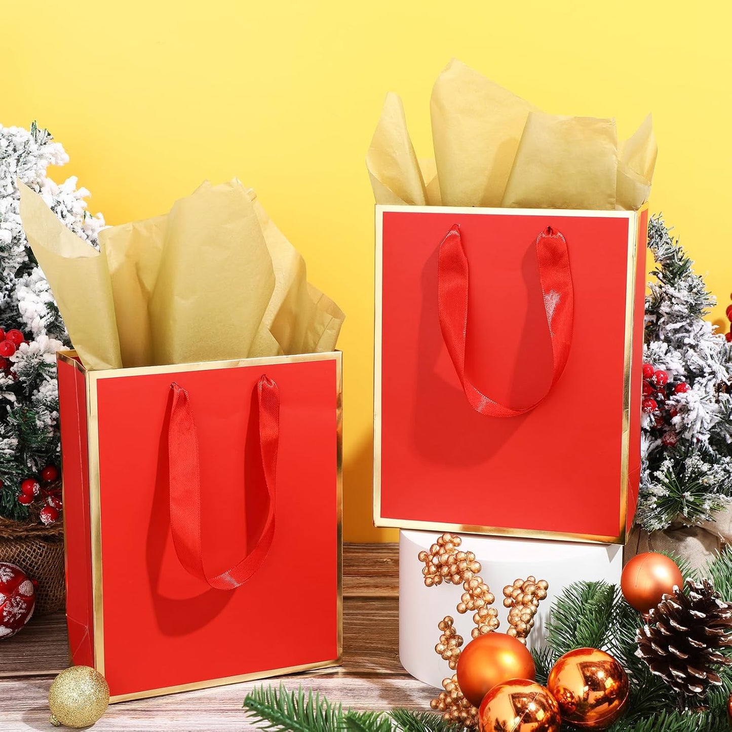 Yeaqee 24 Pack Metallic Paper Gift Bags with Handle and Tissue 9x7x3.1 Gold Foil Welcome Favor Bags Return Gifts for Wedding Fall 5 Senses Christmas Bridesmaid Birthday(Red Gold)