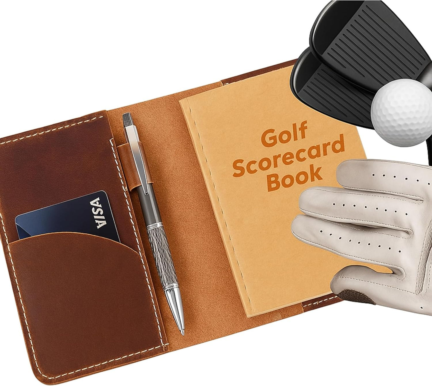 Refillable Golf Scorecard Holder–Full Grain Leather Golf Yardage Book Cover w/Golf Scorecard Book, Pencil Holder & Card Slot–Great Gift for Golfers-Unique Golf Gifts for Men & Women(Pen not included)