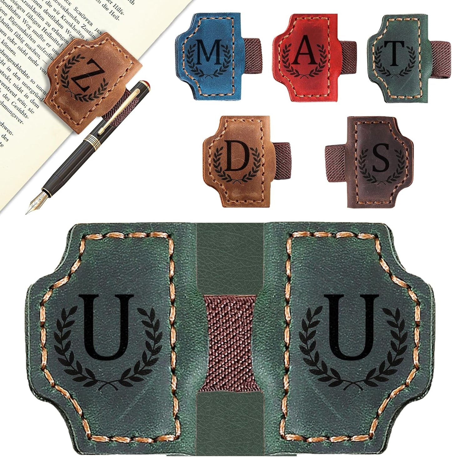 Bygone Mark Bookmark with Pen Holder, 26 Letters Name Initial Personalized Magnetic Bookmarks, Leather Book Mark for Men Women, Travelers Accessories, Teachers Readers Book Lovers Gifts (Green, U)