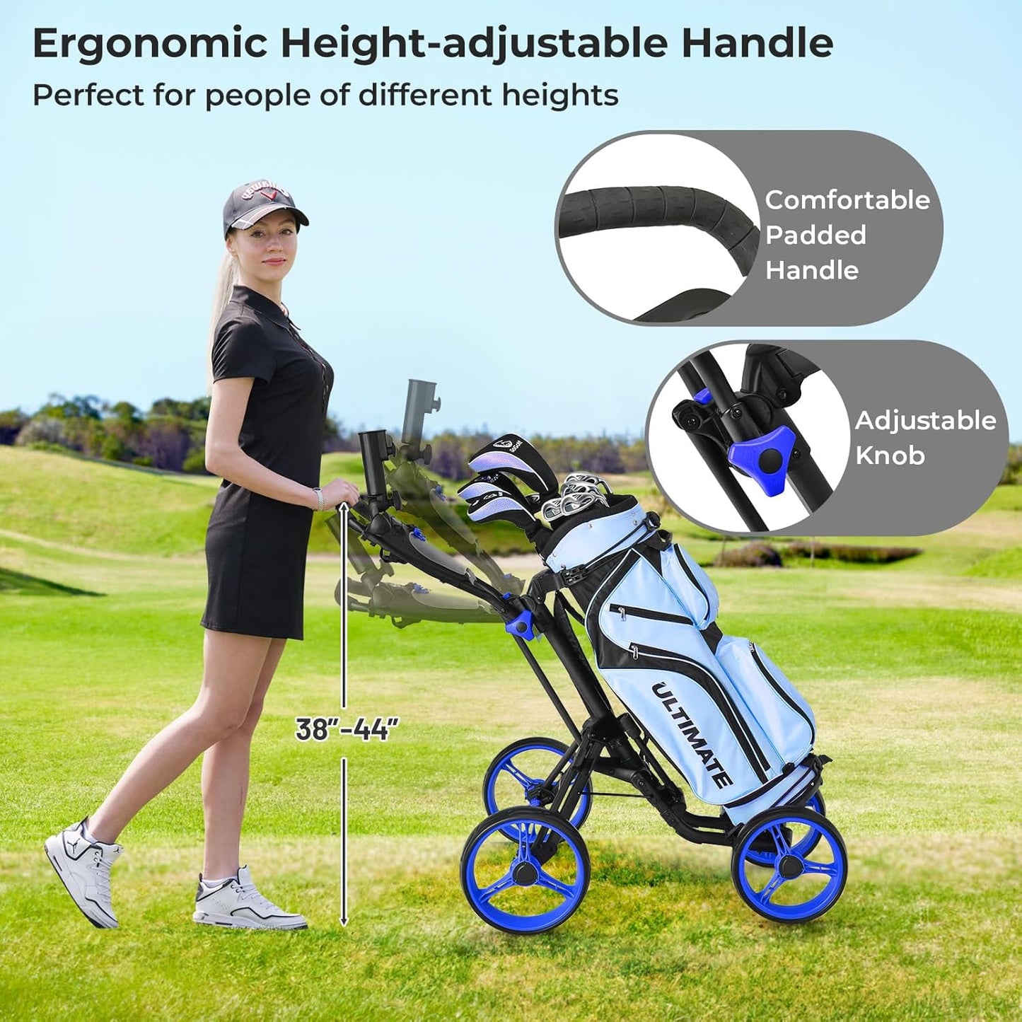 ULTIMATE 4 Wheel Golf Push Cart, Folding Golf Walking Cart w/Elastic Straps, Umbrella&Cup Holder, Scoreboard Storage, Lightweight Golf Trolley Cart w/Height Adjustable Handle&Foot Brake