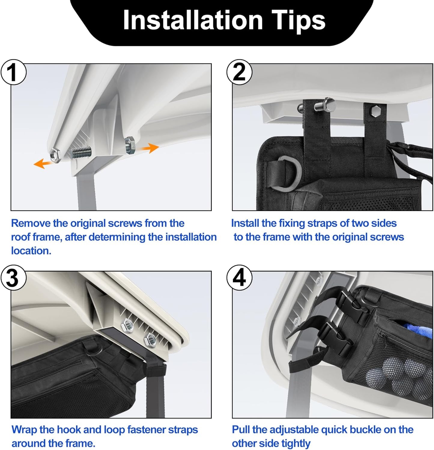 Golf Cart Ceiling Storage Bag, Golf Cart Overhead Organizer Bag Compatible with Club Car Precedent,Tempo, Onward, Black