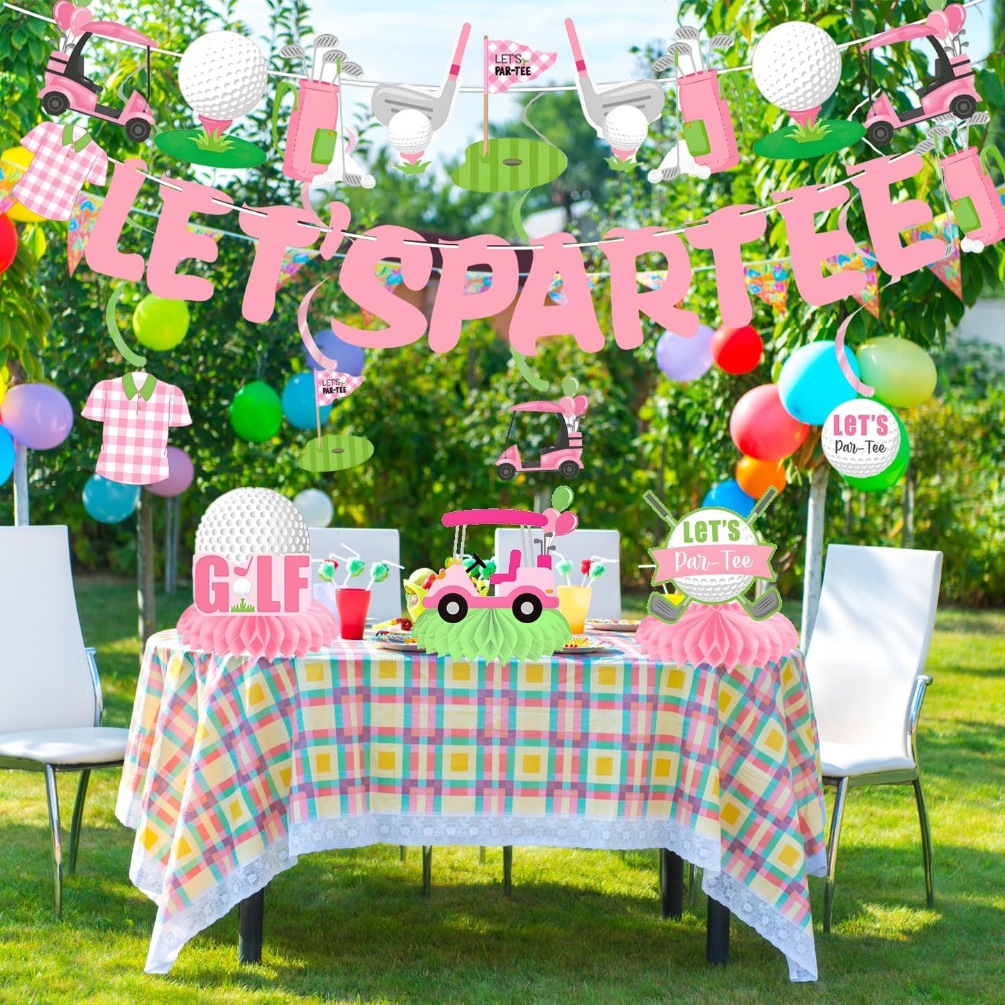 Golf Let's Par-Tee Banner Pink Golf Theme Birthday Party Decoration Hanging Swirls Pink Golf Honeycomb Centerpieces Golf Decor for Golf Lover Girls Sports Theme Party Golf Baby Shower Decoration