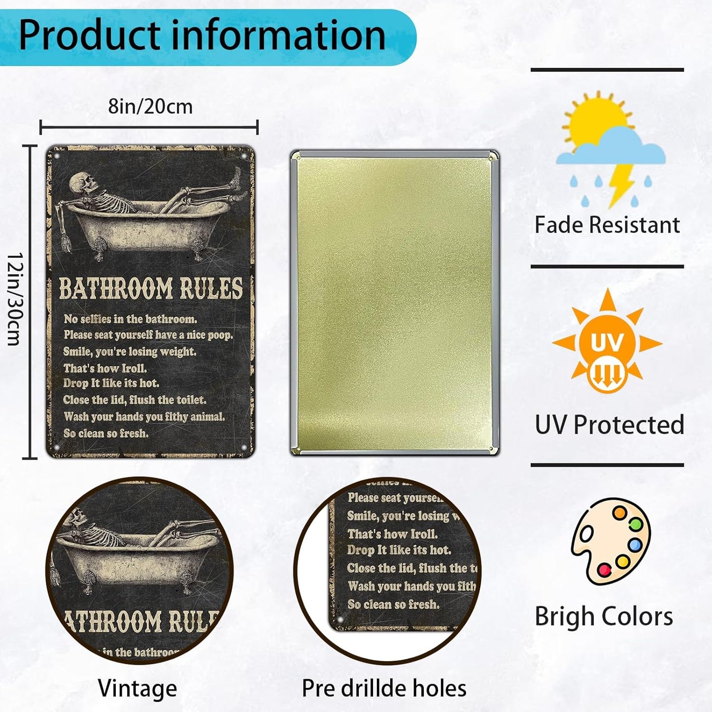 Funny Skull Bathroom Rules Metal Tin Sign Wall Decor - Vintage Bathroom Quote Tin Sign for Toilet Restroom Washroom Home Decor 12x8 Inch