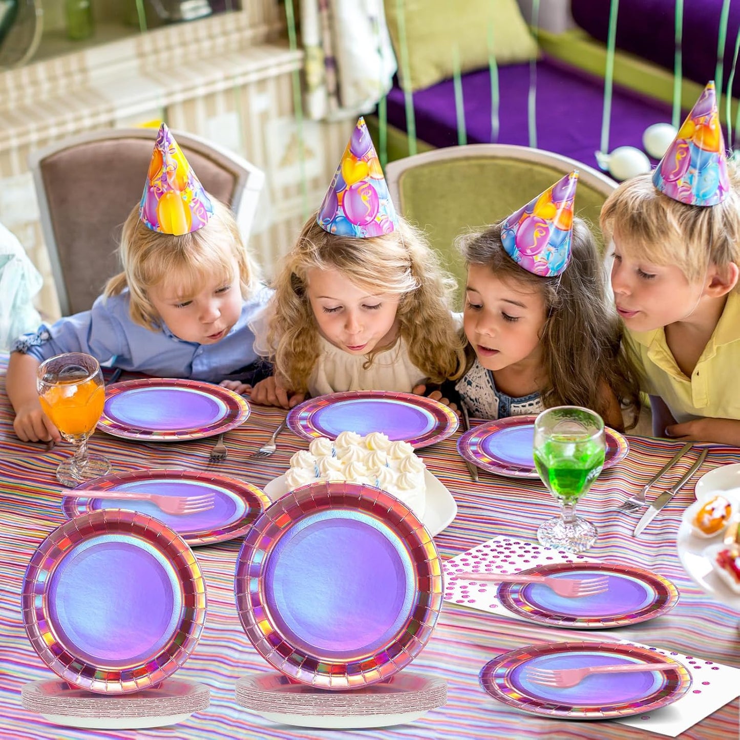 96Pcs Iridescent Pink Party Decorations Iridescent Theme Tableware Set Hot Pink Holographic Paper Plates Napkins Fork for Birthday Dinnerware Girls Women Mermaid Disco Shiny Laser Supplies 24 Guests