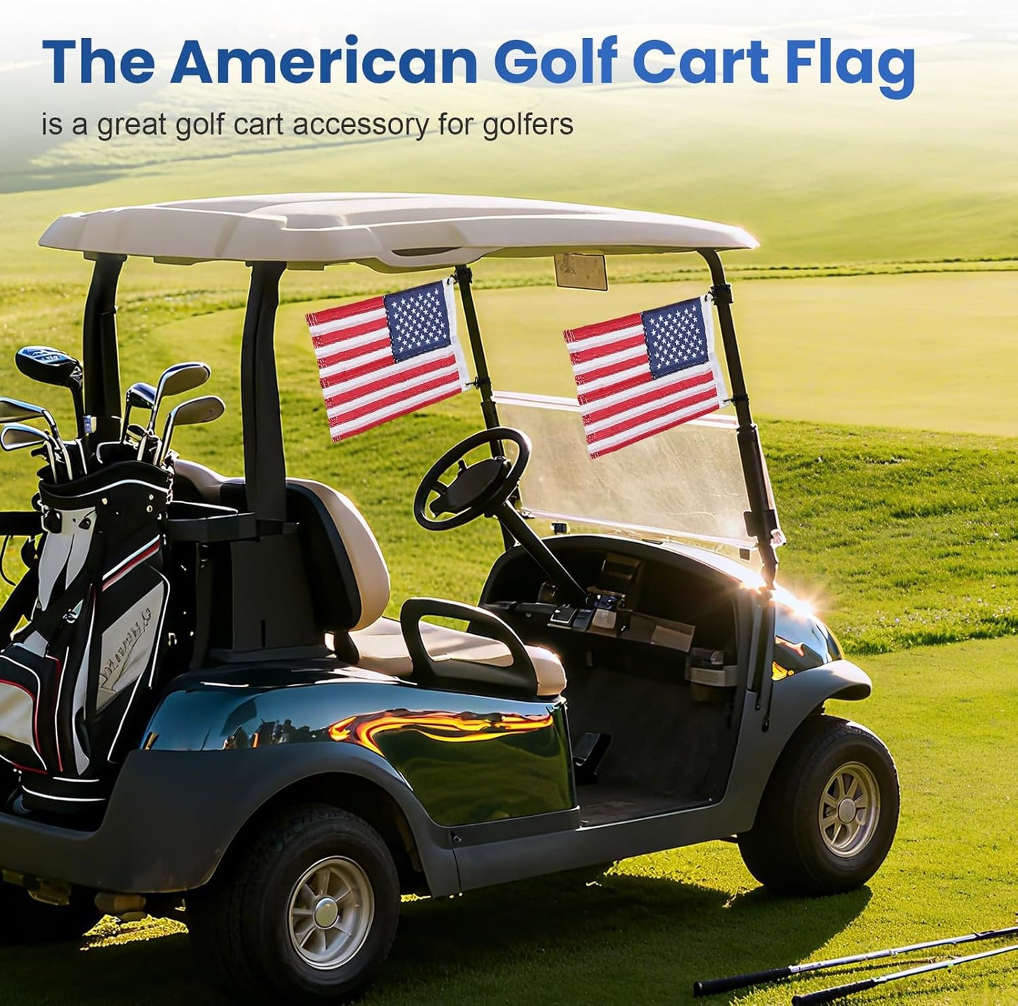 Golf Cart Flags 2Pcs, 12" x 18" American Flags for Golf Cart, USA Golf Flags with Elastic Strap Bracket, Golf Cart Accessories Boat Flag for Bike, Car