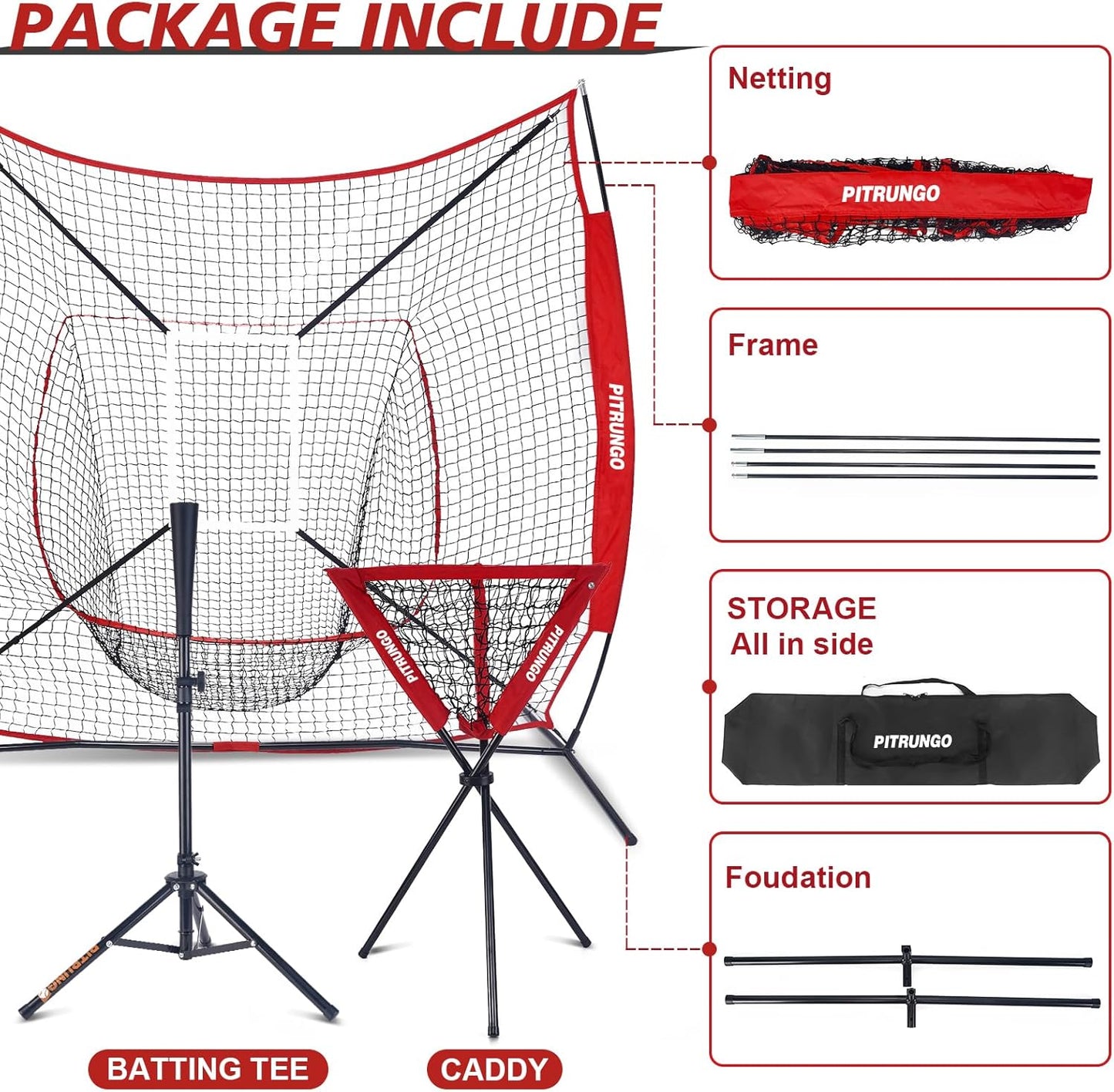Baseball Softball Tee Batting Tee for Hitting T tee Ball Set Stand Baseball Softball Hitting Pitching Screen Net for Kids Teens Batting Net Set Training Equipment W/Carry Bag for Outdoor