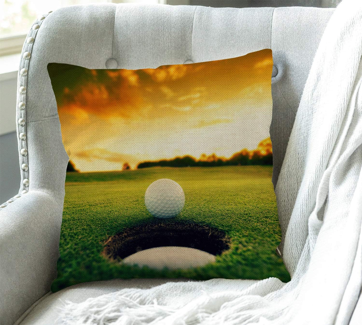Swono Golf Course Throw Pillow Cover Golf Ball Near Hole Decorative Pillow Case Cotton Linen Cushion Cover Decor 18x18 Inch Pillowcase for Home