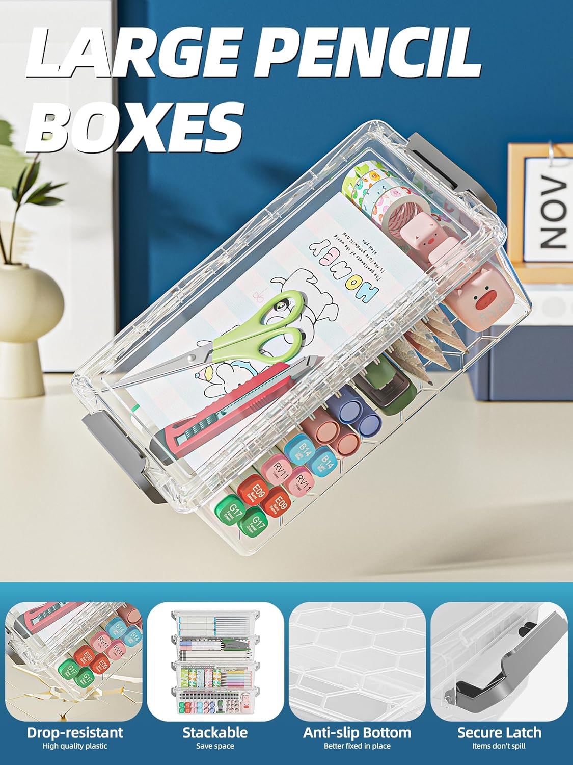 4 Pack Extra Large Pencil Box, Plastic Pencil Case Organizer, Clear Crayon Box Marker Organizer, Stackable Craft Organizers and Storage for Pen, Craft, Art Supply(Green/Blue/Pink/Black)