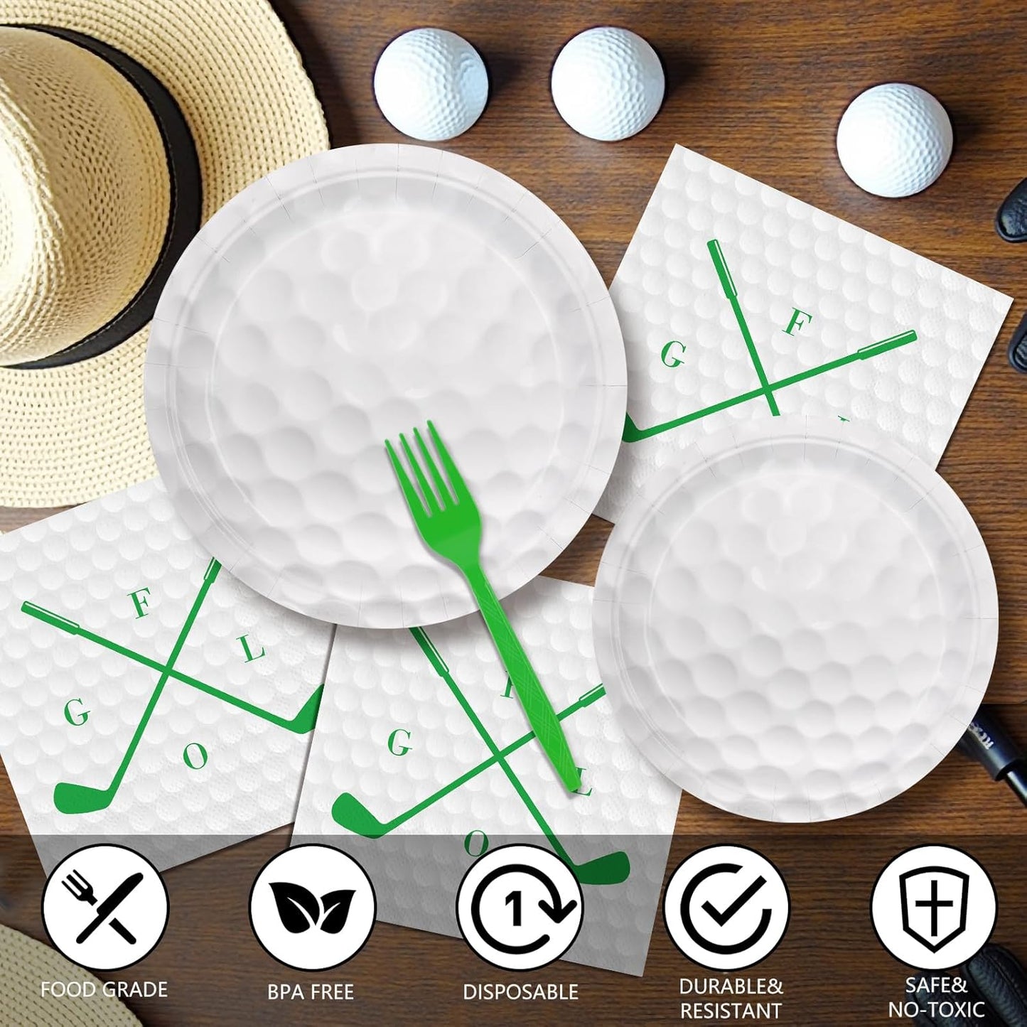96pcs Golf Party Plates Napkins Golf Birthday Party Supplies Paper Plates Plastic Forks Disposable Tableware Set for Kids Serve 24 Guests