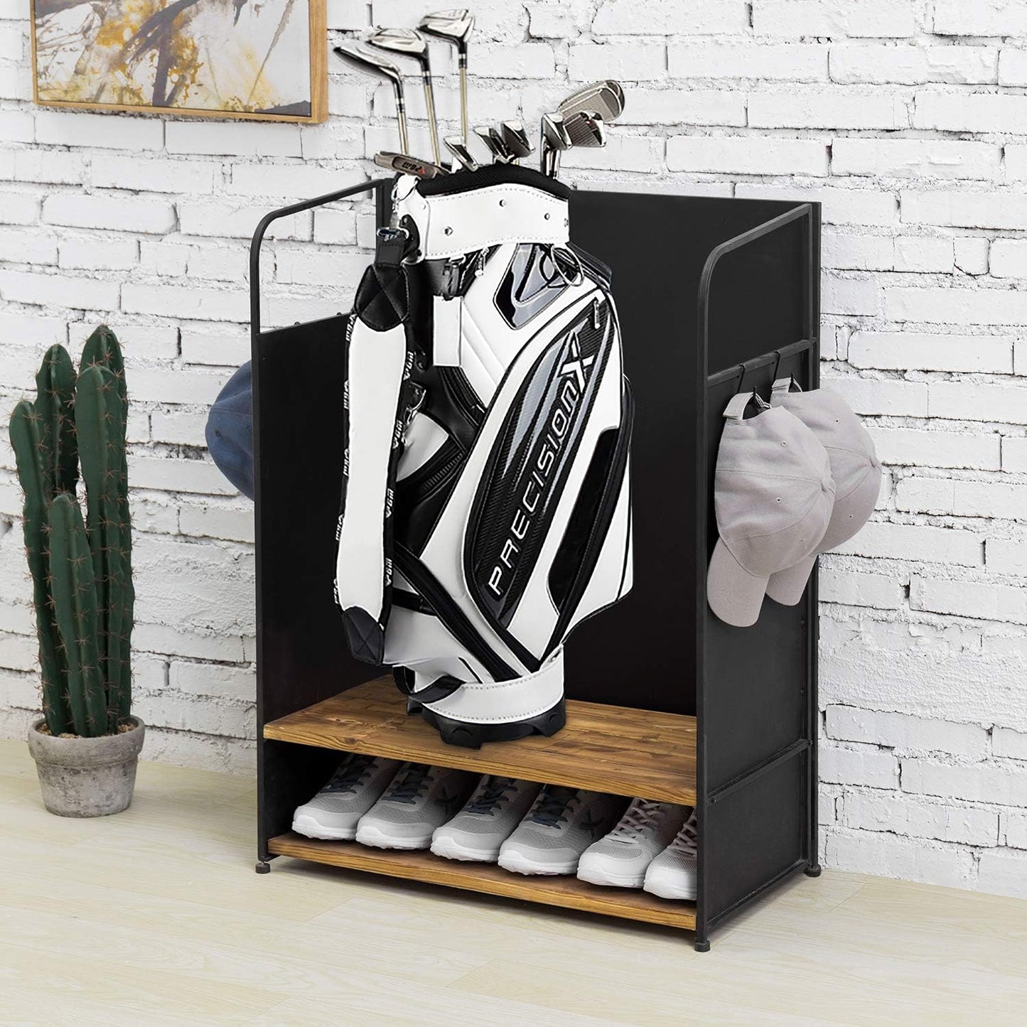 MyGift 2 Golf Bag Organizer with 2 Tier Burnt Wood Shelf for Shoes, Equipment and Hooks for Hat and Towels, Deluxe Matte Black Metal Golf Bag Storage Rack