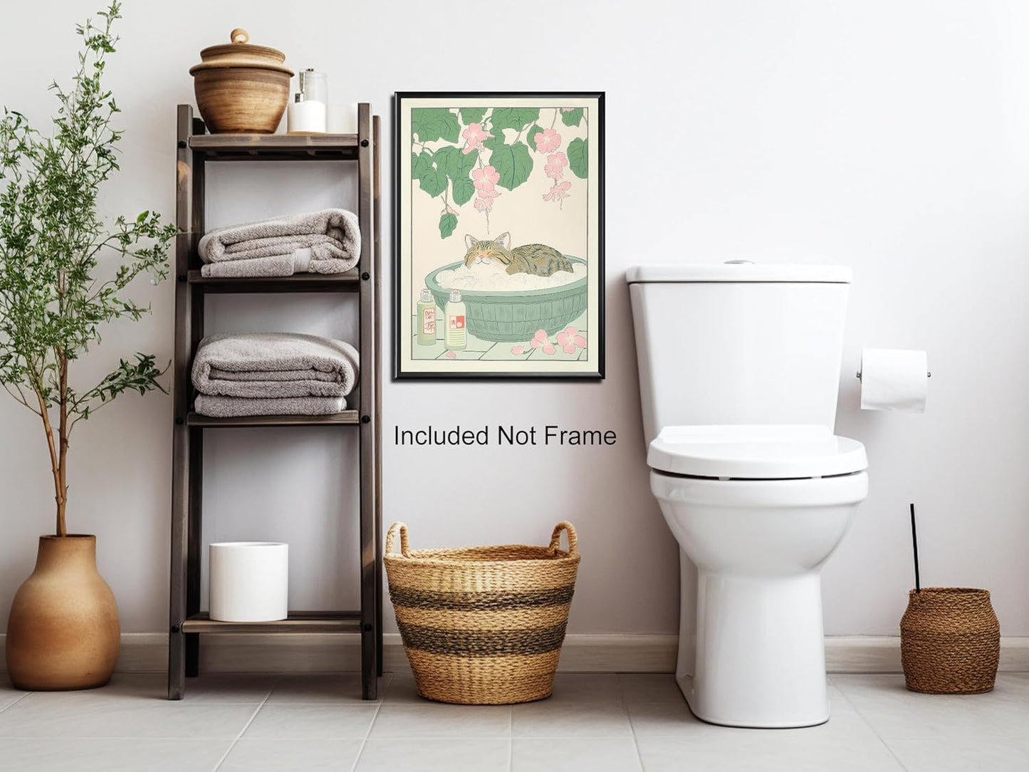 Vintage Tabby Cat in The Bathtub Posters Funny Bathroom Wall Art Cute Animal Lover Canvas Prints Japanese Aesthetic Neutral Minimalist Wall Decor for Dorm Restroom 12x16in Unframed