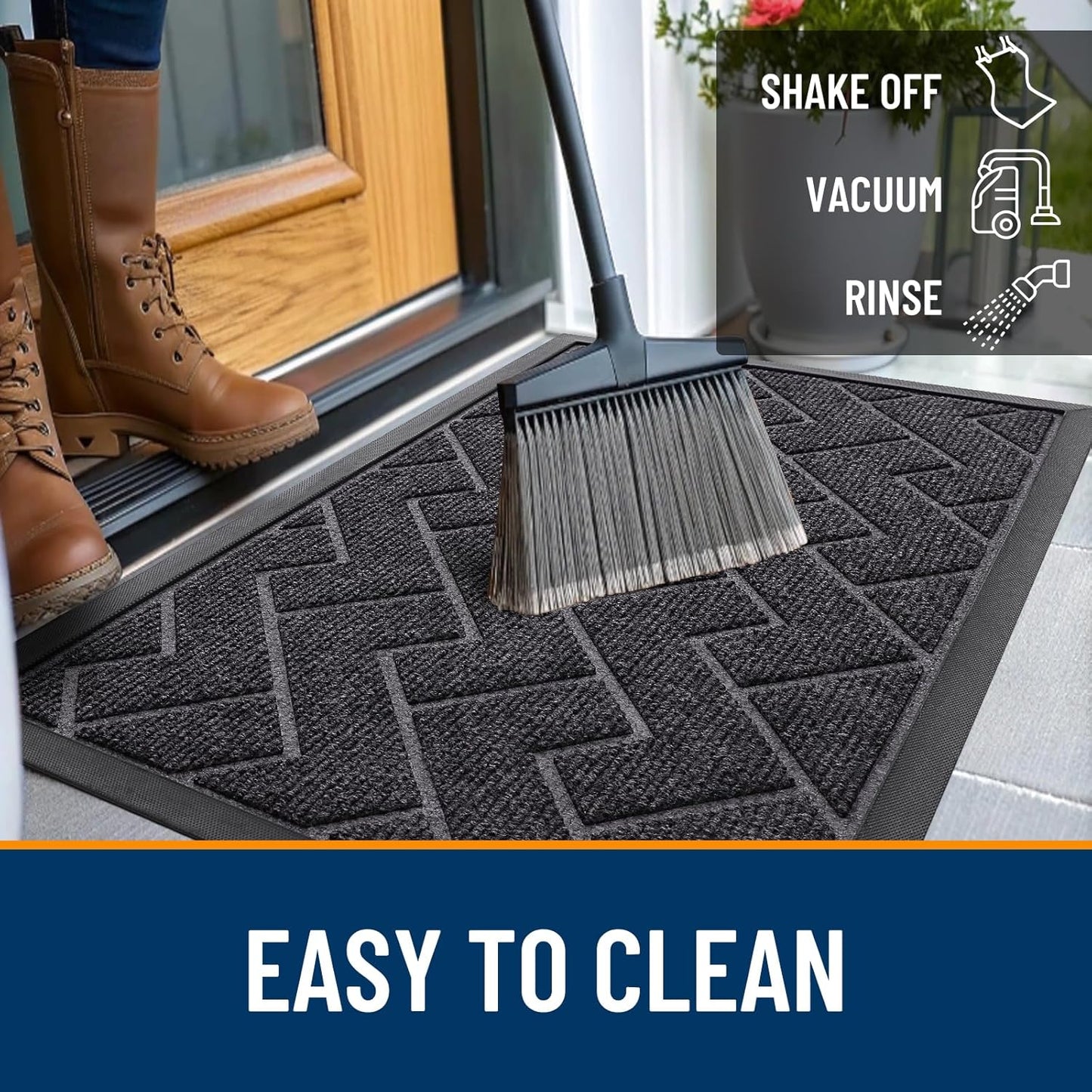 OLANLY Front Door Mat Indoor Outdoor Entrance, Waterproof All-Season, All-Weather Doormat, Sturdy Natural Rubber, Low Profile, Easy Clean Patio Porch Entryway Mat, Herringbone Brick (Grey, 47x17)