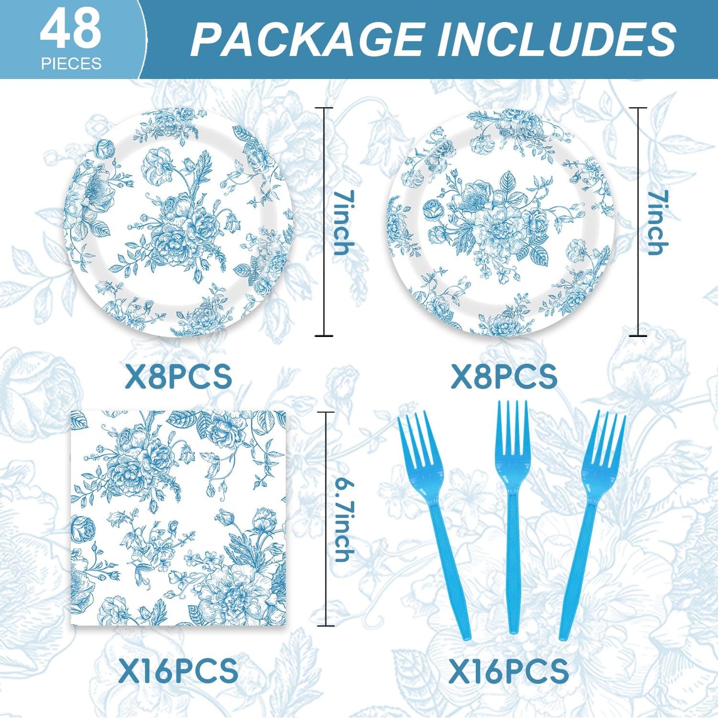 Blue Floral Birthday Decorations 48Pcs Blue and White Floral Theme Tableware Set Disposable Plates Napkins Forks Supplies for 16 Guest Baby Shower Wedding Party Decorations