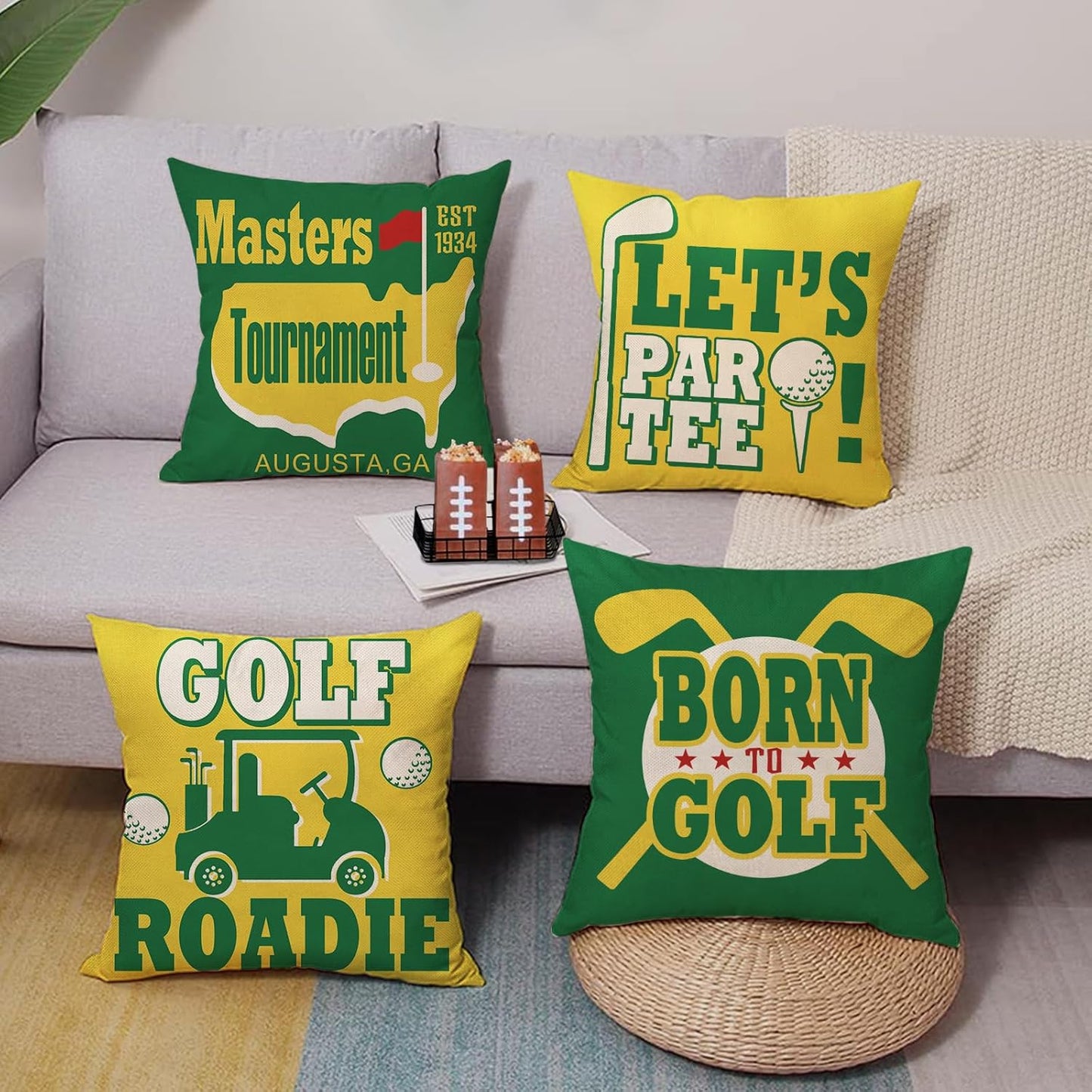 Golf Masters Tournament Decorative Throw Pillow Covers 18 x 18 Set of 4, Green Yellow Golf Roadie Cart Ball Outdoor Home Decor, Let's Par Tee Club Sports Boys Couch Cushion Case Golfer Gifts
