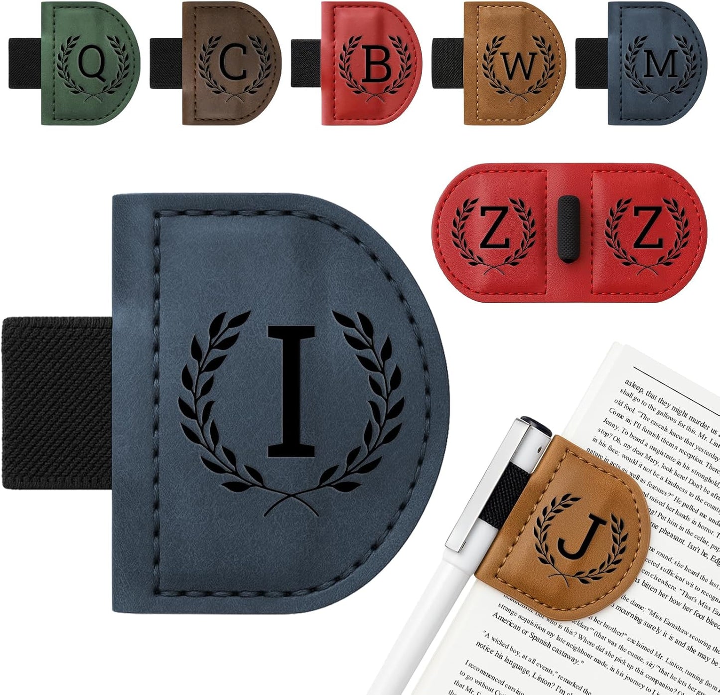 Personalized Bygone Mark Bookmark with Pen Holder,Engraving Leather Magnetic Bookmarks Vintage 26 Letters Name Initials Text Book Marker Clips Gifts for Reading Book Lovers Women (Blue, I)