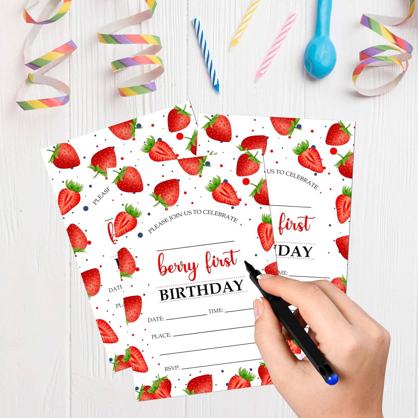 Berry 1st Birthday Invitations, 20 Invitation Cards with Envelopes, Strawberry First Invites for Party Decorations Favor Supplies - A06