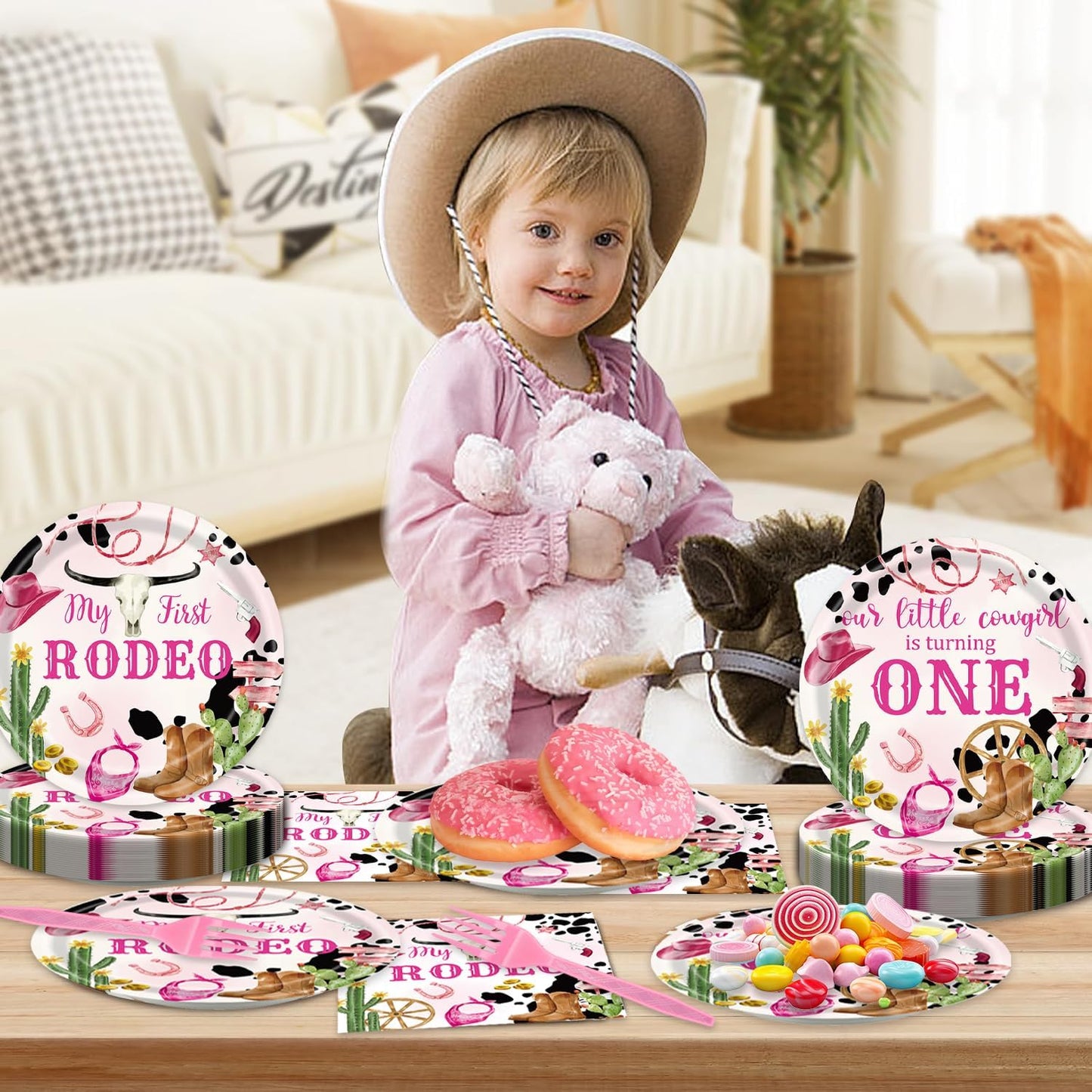 48Pcs My First Rodeo Decorations Girl Western Cowgirl Party Supplies Disposable Pink Cowgirl 1st Birthday Plates Napkins Forks Serves 16 Cowgirl Birthday Party Decorations
