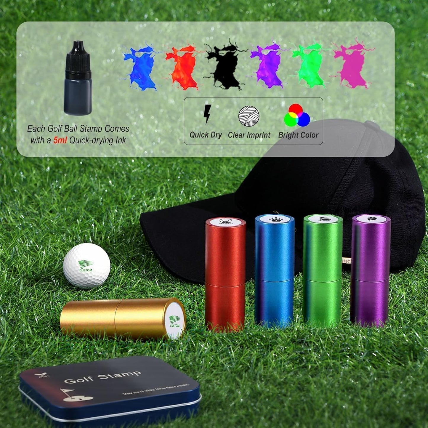 Personalized Golf Ball Stamp, Self-Inking Quick-Dry Waterproof Ink, Custom Name Initials Monogram Logo, Metal Gift Case with Refill, for Golfers Dad Husband