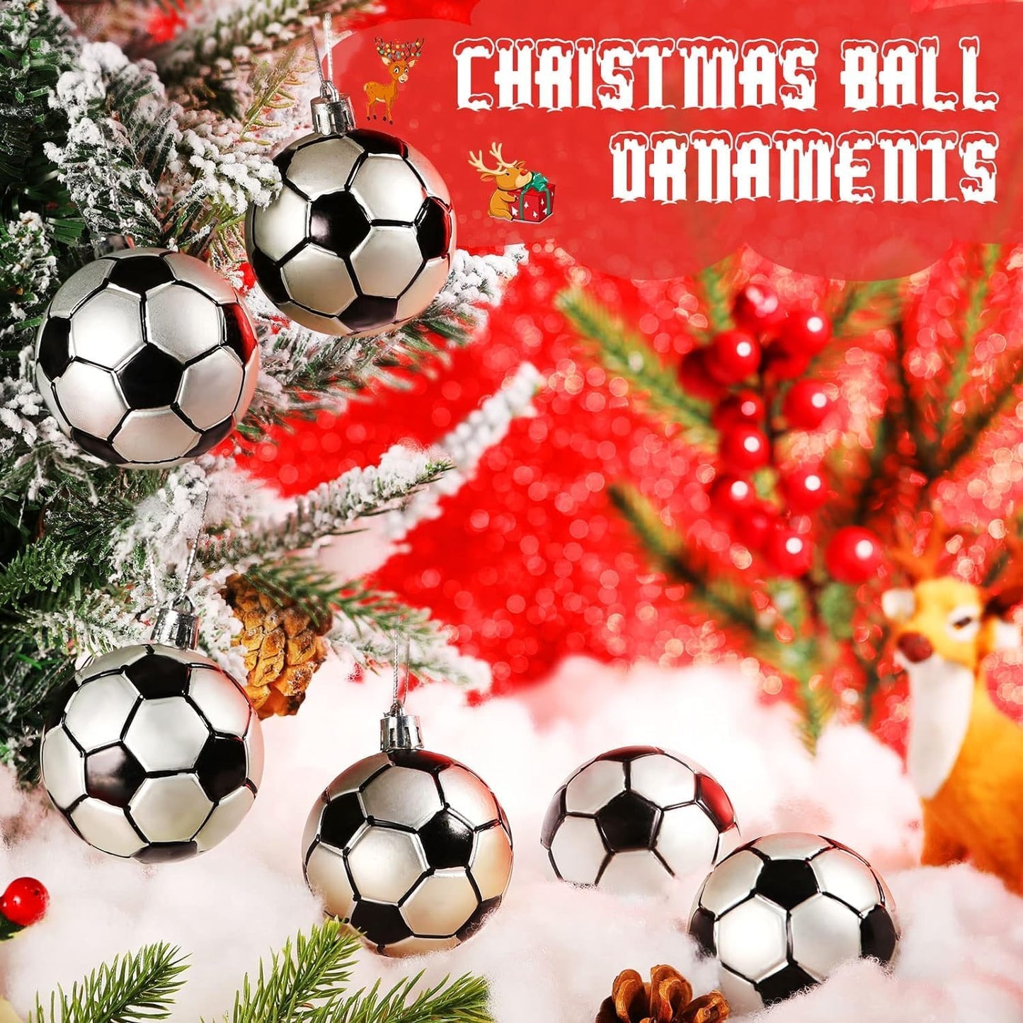 Leitee 18 Pcs Christmas Plastic Soccer Ball 2.36 Inch Xmas Tree Ornaments with Hanging Loop Sports Theme Decorative Hanging Ornaments for Holiday Party Christmas Tree Home