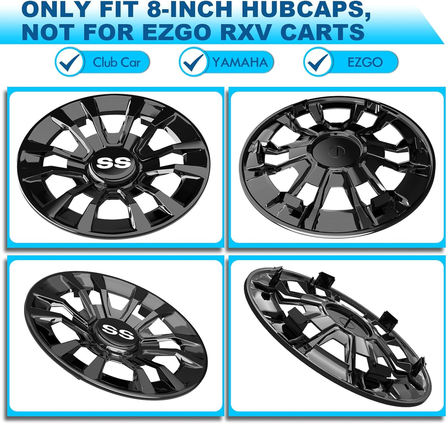 Golf Cart SS Wheel Covers Hub Caps, Golf Cart 8 Inch Wheel Hubcaps for Club Car EZGO Yamaha and Most Golf Carts (Except RXV), 6-Spoke Design, Set of 4 Golf Cart Black Hubcaps Wheel Covers